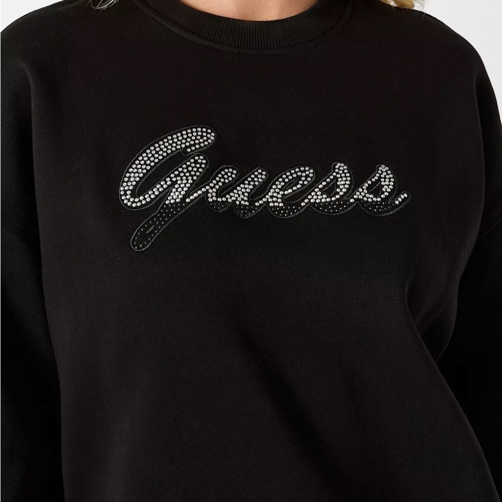 NWT!! GUESS Black Rhinestone Script Logo Sweatshirt - Picture 2 of 4